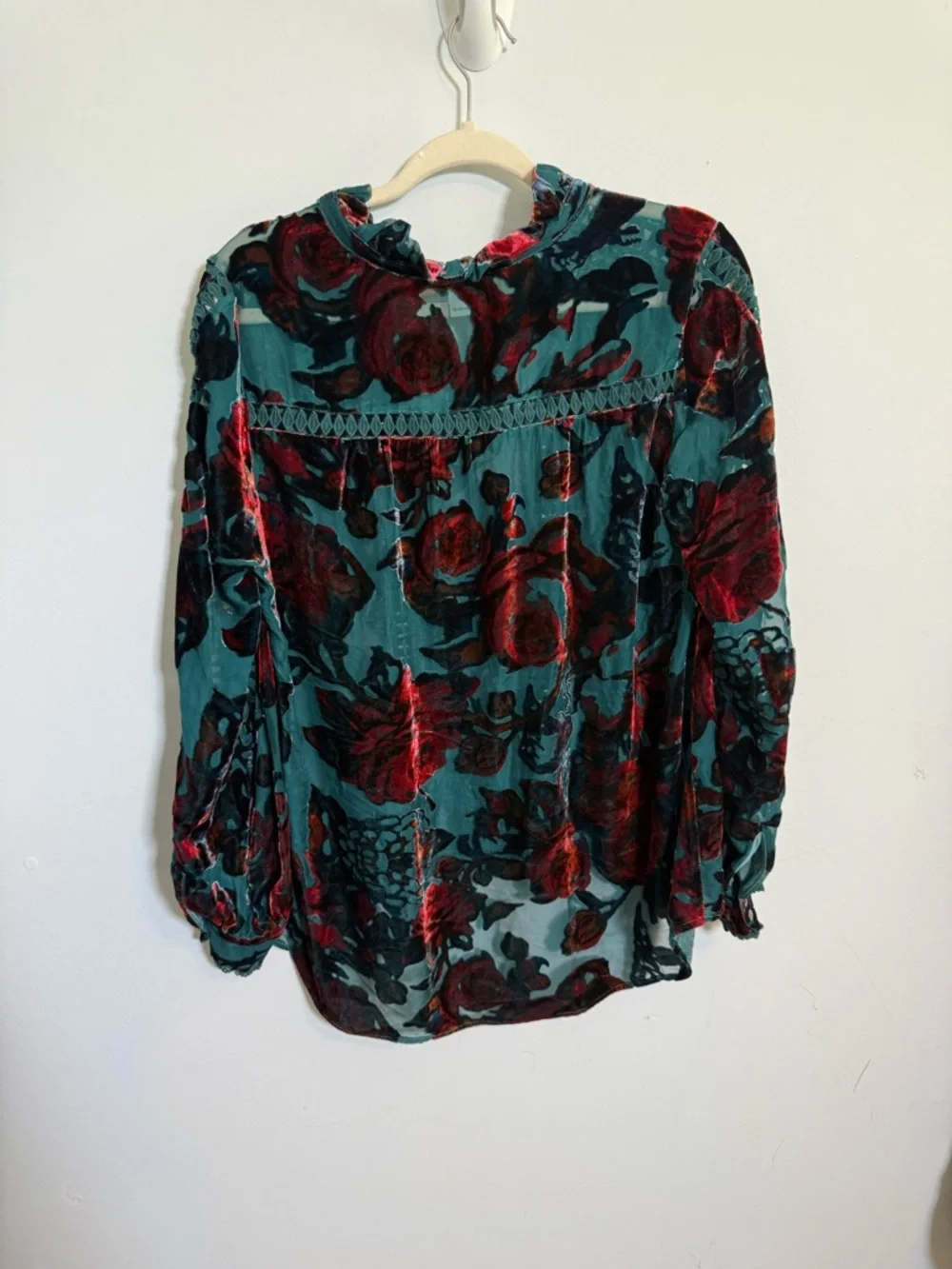 Sundance Teal Velvet Burnout Floral Blouse Boho Romantic Sheer Peasant Top M - Picture 2 of 6